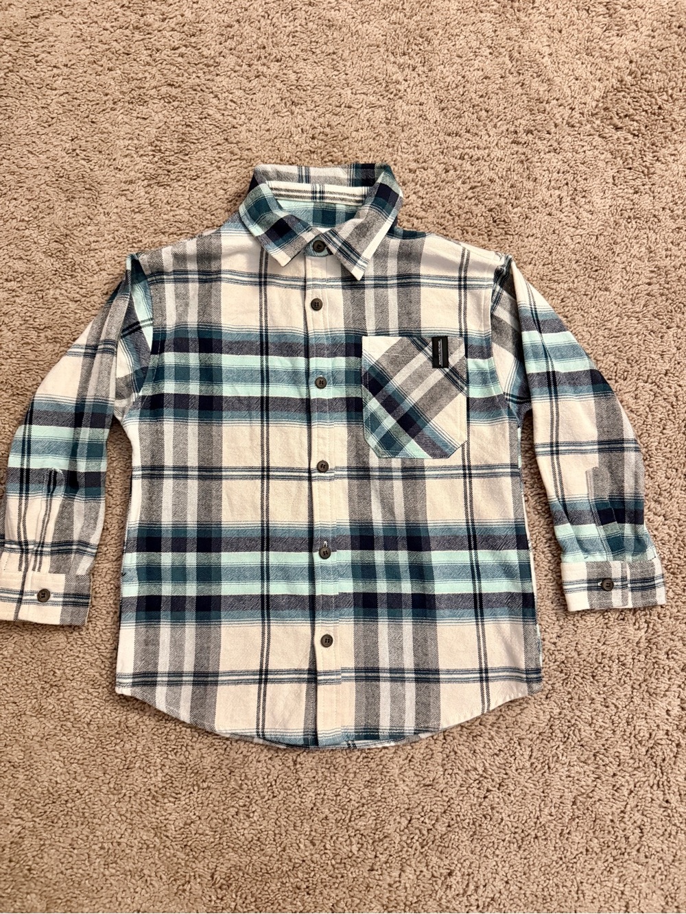 Zara Plaid Button-Down Shirt Boys size 6 Teal Navy & Gray Long Sleeve Pocket Top